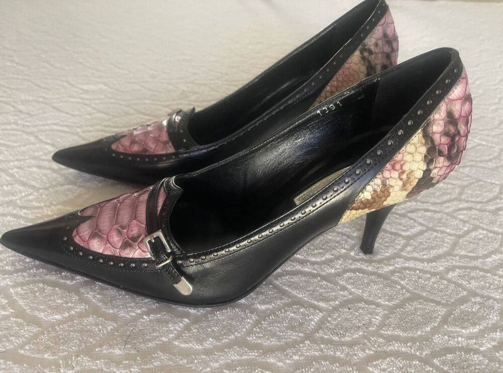 MARINO FABIANI Y2K Sz 6.5 Pink Snake-Print Embossed Leather Women's Black Heels